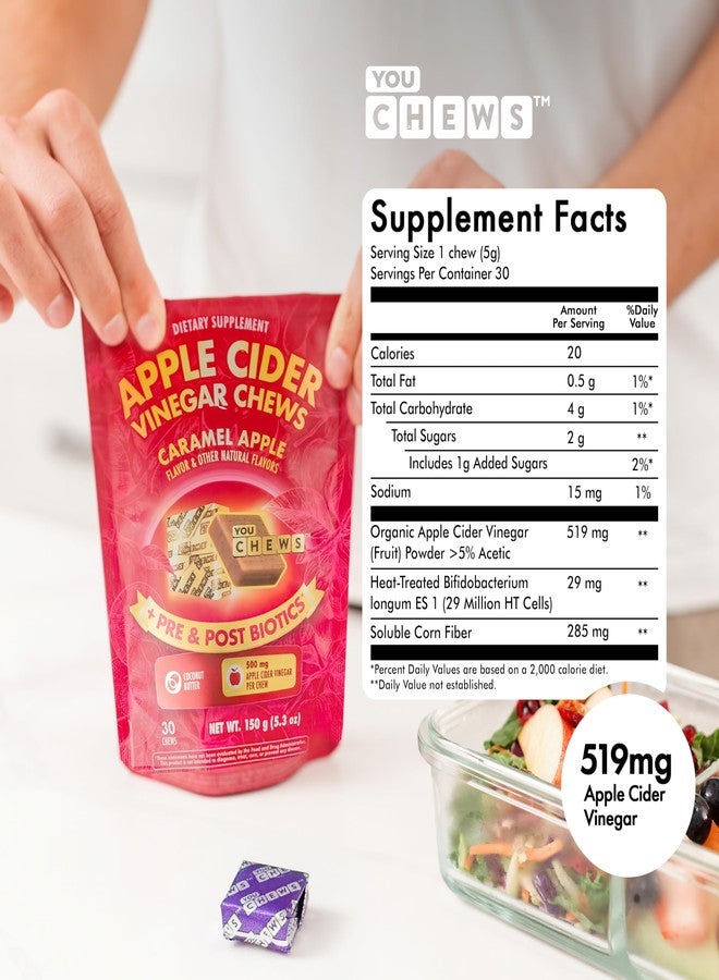 YouChews Apple Cider Vinegar Chews Better Than Apple Cider Gummies - Bloating Relief for Women and Men, 500mg Organic ACV with Prebiotics & Postbiotics, Low Sugar, Caramel Flavor, 30 Count - Image 3